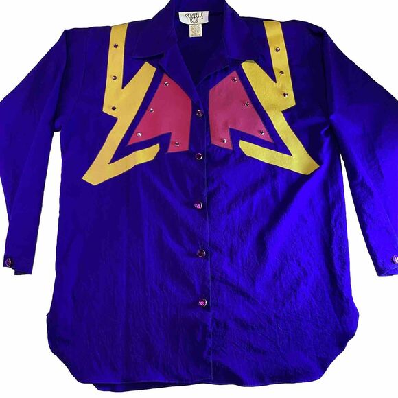 CERVELLE Jackets & Blazers - Vtg 80s Bedazzled Blazer / Shirt Wmn S Purple Yellow Lightening Bolts Halloween